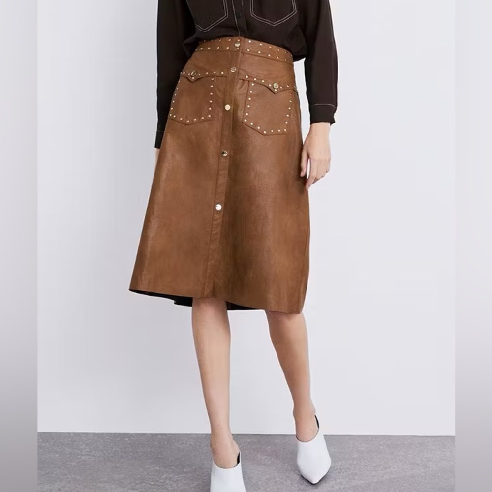 NWT Zara faux leather Studded A-Line Skirt